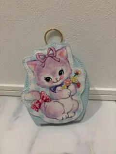 猫のイラスト ポーチ キーホルダー ライトブルー