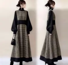 【SALE】 チェック ロングワンピース ドッキング ハイウエスト 長袖 韓国