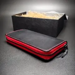 手縫い 長財布 ラウンドファスナーウォレット ブラック レッド 栃木レザー