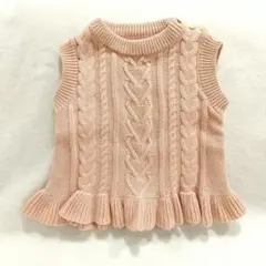 裾フリル ケーブル編みニットベスト くすみピンク 韓国子供服 女の子 73cm