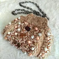 美品 ジャマンピュエッシュ ビーズ ハンドバッグ 刺繍 サーモンピンク きもの