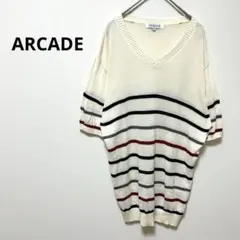 アーケード　サマーニット　ストライプ　カットソー　Vネック 半袖　ゆったり　L