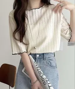 classicalelfアイボリー レース編み 半袖トップス