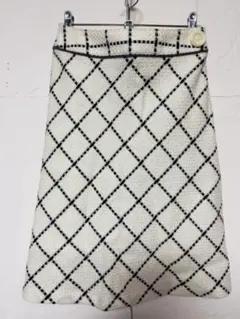 ホワイト/ブラック チェック柄 タイトスカート ウエストファスナー 裏地付き S