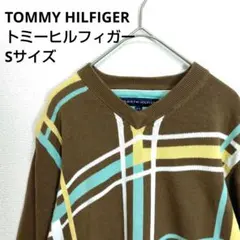 トミーヒルフィガー　サマーニット　総柄　ライン絵柄　Vネック