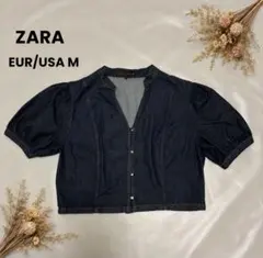 ZARA デニムパフスリーブブラウス リボン ブルー - メルカリ
