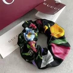 極美品 グッチ 花柄 シルク シフォン 大判 スカーフ グリーン ネイビー