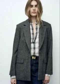ZARA ヘリンボーンウールブレンドストレートブレザー