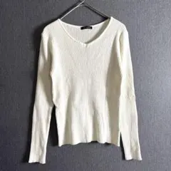 flow and fixture ホワイトリブ編みVネック長袖トップス白シンプル
