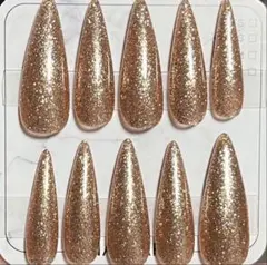 ロングポイント　ギャルネイル　オレンジゴールドグリッターラメ　ネイルチップ