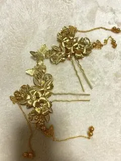 金色の花と蝶のかんざしセット