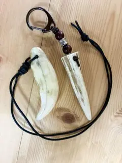 (実物)北海道ヒグマの牙のペンダント、蝦夷鹿の角のキーホルダー。