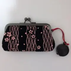 未使用がま口印鑑入れ　朱肉付 黒とピンクの和柄