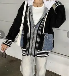 ケーブルニットデニム切替ジャケット フード付き