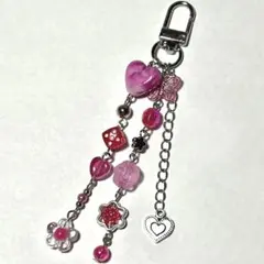 No.21ピンク ギャル マーブル ハート バラ ビーズキーホルダー