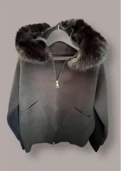 高級ファー付き ニットパーカー 冬服パーカー ファー 上品 2way Wジップ黒
