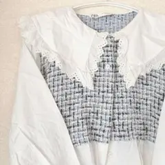 ツイードシャツ 襟付 襟フリル ブラウス 青 ツイード ポワ袖 ZARA パフ