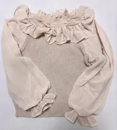 フィント　シアーヨーク　切替　ニット　プルオーバー　ベージュ　フリル