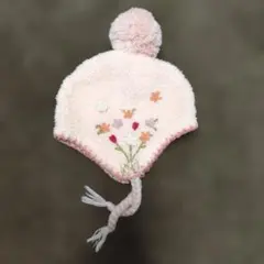 ピンク 花柄刺繍 ニット帽 Mサイズ