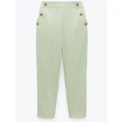 ZARA グリーン ギンガムチェック テーパードパンツ 金釦