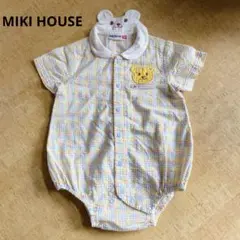 ミキハウス ロンパース 70cm 綿100% 黄色 チェック くまさん