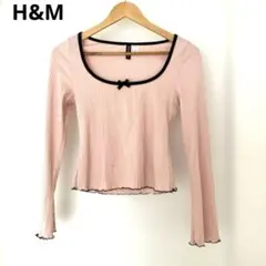 H&M ピンク×ブラック 配色リブニット リボン付き 長袖 M相当　秋