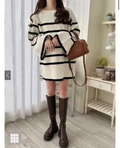 ボーダー柄スリットスリーブニットミニワンピース[an1273]