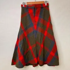 レトロ タータンチェック柄 ロングスカート 赤茶系 ウール混 Aライン フレア