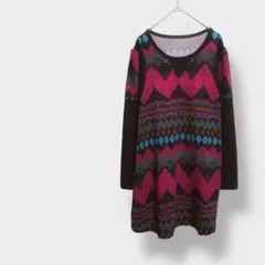 ワンピース　 長袖　幾何学柄 膝丈　エスニック調　個性派　　レイヤード風