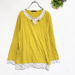 ティモシー【M】長袖カットソー 花柄重ね着調 からしカラー Tシャツ 春夏 古着