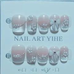 パールフラワー リボン ワンホンネイルチップ　マグネットネイル　ハンドメイド系