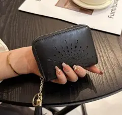 b59新品クラフトPUレザーラウンドファスナー財布フリンジ付ブラック496