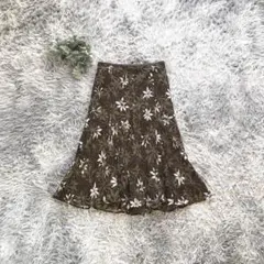 自由区【36】花柄 フレアスカート 茶系 上品 春夏 裏地付