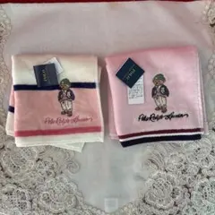 新品！ポロラルフローレン！ベアー刺繍のタオルハンカチ　ピンク&ストライプ2枚！②