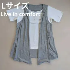 レイヤード風 半袖カットソー グレー×ホワイト　Lサイズのサムネイル