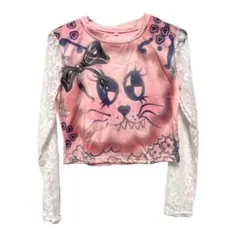 y2k 平成ギャル　猫柄長袖Tシャツ　パッチワーク　レース袖カットソー　00s