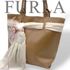 FURLA フルラ トートバッグ スカーフ 花コサージュ レザー ブラウン
