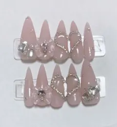 現品ネイルチップ ピンク ハート リボン ちゅるん ロング