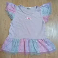 パステルピンク フリル袖Tシャツ　マーメイド　130
