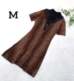 半袖ロングワンピース(M)アニマル柄レースディテール アセテート フェミニン