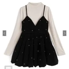 GRLビジューベロアキャミソールミニワンピース×ボトルネックトップスセットアップ