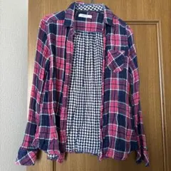 リネン長袖チェックシャツ ピンクとネイビー　バックナンバー