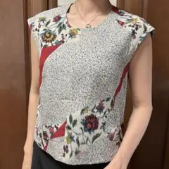 【着物生地】ビンテージ花柄ノースリーブトップス　カットソー
