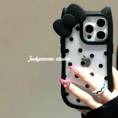 465 iPhone15pro ケース　猫耳　ドット　モノトーン　リボン　ねこ