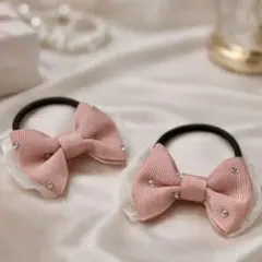 ラインストーンリボン　ヘアゴム　ピンク　フォーマル　卒園　入園　発表会