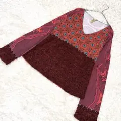 レディース 長袖トップス ロンT 赤 エンジ 異素材ドッキング 個性的 古着