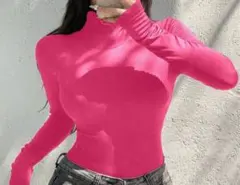 ピンク タートルネック 長袖トップス　裏起毛