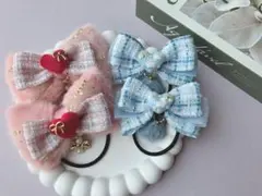 SALE ハンドメイドリボン　ヘアゴム　キッズ　ピンク　ブルー　ツイード　ファー