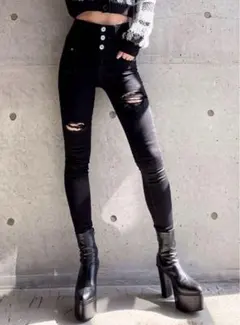 GYDA ハイウエストバッククロスダメージスキニーデニムパンツ