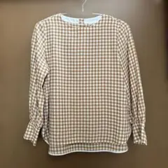 Auief 茶色と白のギンガムチェック長袖シャツ